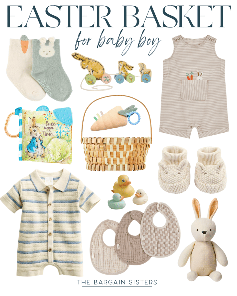 Discover the perfect Easter gift for baby boys with this charming collection, featuring a striped romper, knit onesie adorned with a bunny design, playful plush rabbit toy, cozy socks, colorful bibs, cheerful rubber duckies, an enchanting storybook, and a woven basket filled with soft plush eggs.