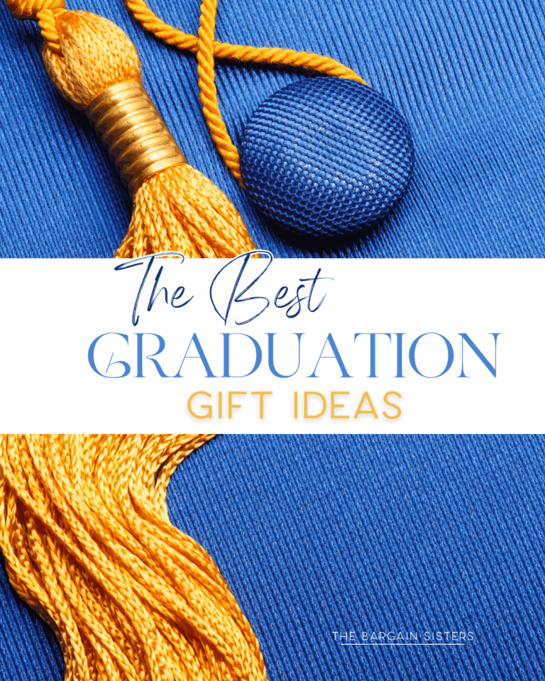 A gold graduation tassel and blue graduation cap on a blue textured background with the text "The Best Graduation Gift Ideas"—perfect inspiration for finding the ideal Graduation Gift.