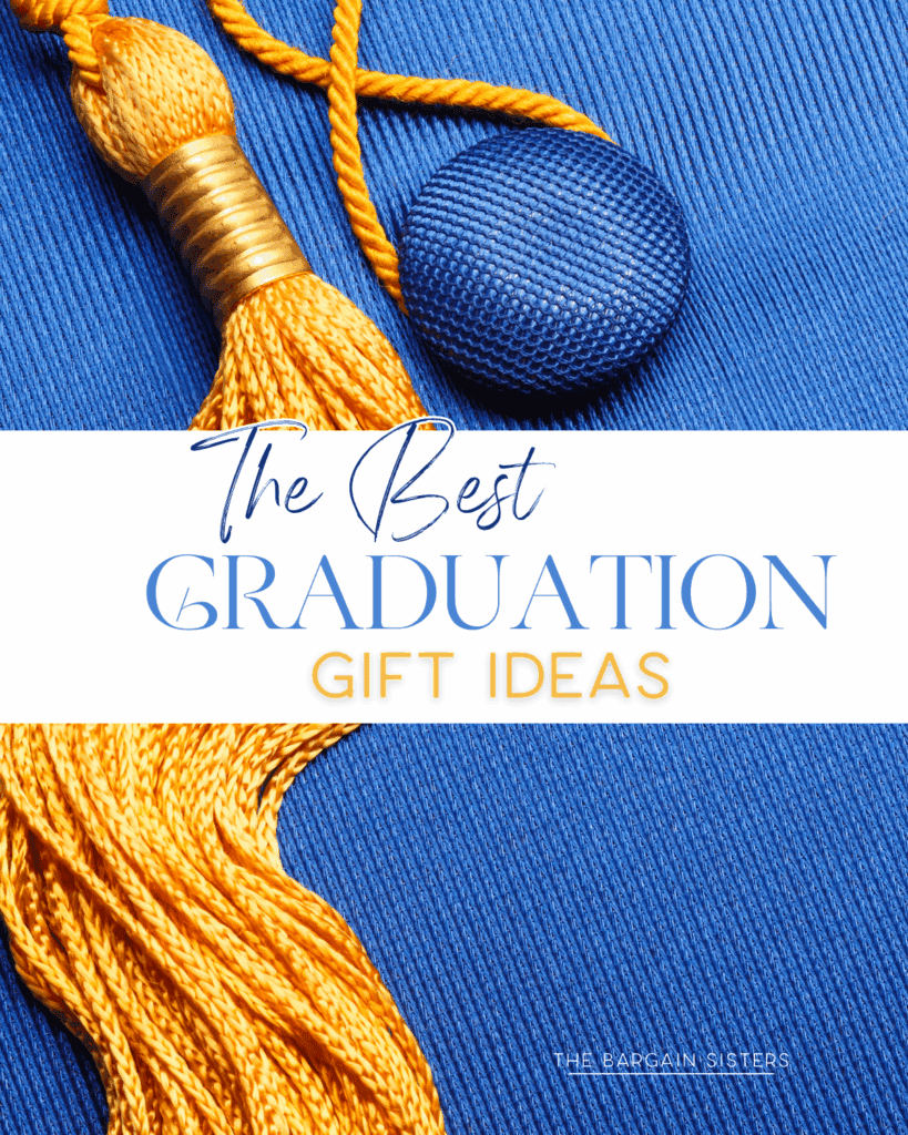 A gold graduation tassel and blue graduation cap on a blue textured background with the text "The Best Graduation Gift Ideas"—perfect inspiration for finding the ideal Graduation Gift.