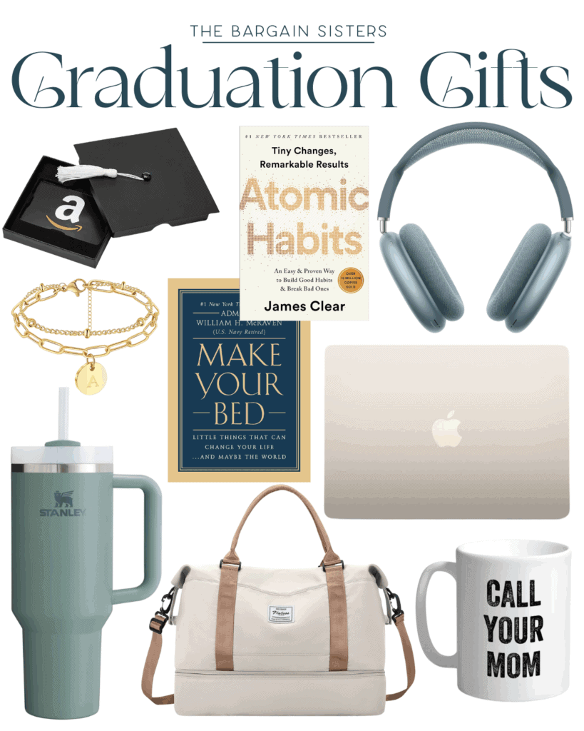 A collage of Graduation Gift ideas, including a gift card, books, headphones, bracelets, tumbler, laptop, duffel bag, and a mug labeled "Call Your Mom," with "Graduation Gifts" displayed at the top.