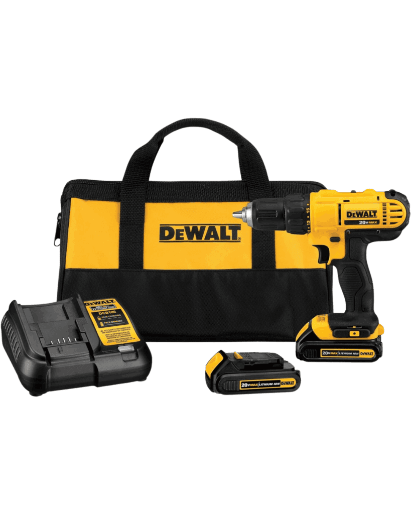 A yellow and black DeWalt cordless drill set with a drill, charger, two batteries, and a carrying bag—perfect as a Father's Day Gift—displayed on a white background.