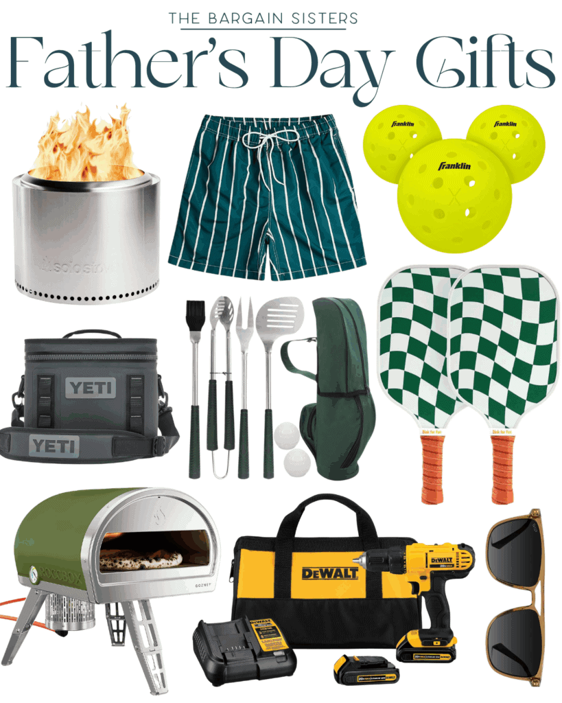A collage of Father's Day gifts including a fire pit, striped swim trunks, pickleballs, cooler bags, grill tools, and more—perfect inspiration for the ultimate Father's Day Gift—all arranged on a white background.