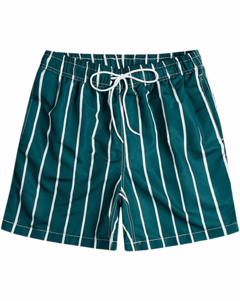 Teal green swim shorts with vertical white stripes, an elastic waistband, and a white drawstring—perfect as a stylish Father's Day gift—displayed on a plain white background.