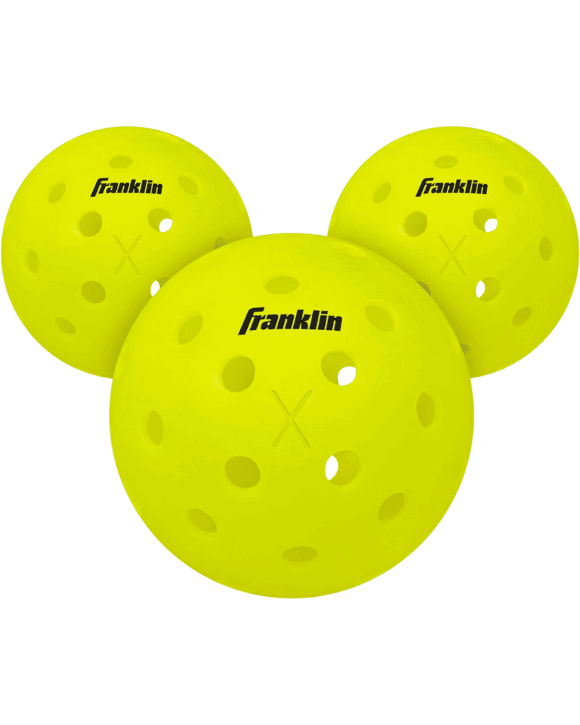 Three bright yellow Franklin pickleballs with holes are arranged in a triangular formation—one large ball in front, two smaller ones behind—against a white background, making them a standout Father's Day Gift for any pickleball enthusiast.