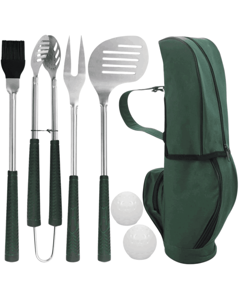 A perfect Father's Day gift, this set of barbecue grilling tools with green handles includes a brush, tongs, fork, two spatulas, two white balls, and a green carrying case shaped like a golf bag.