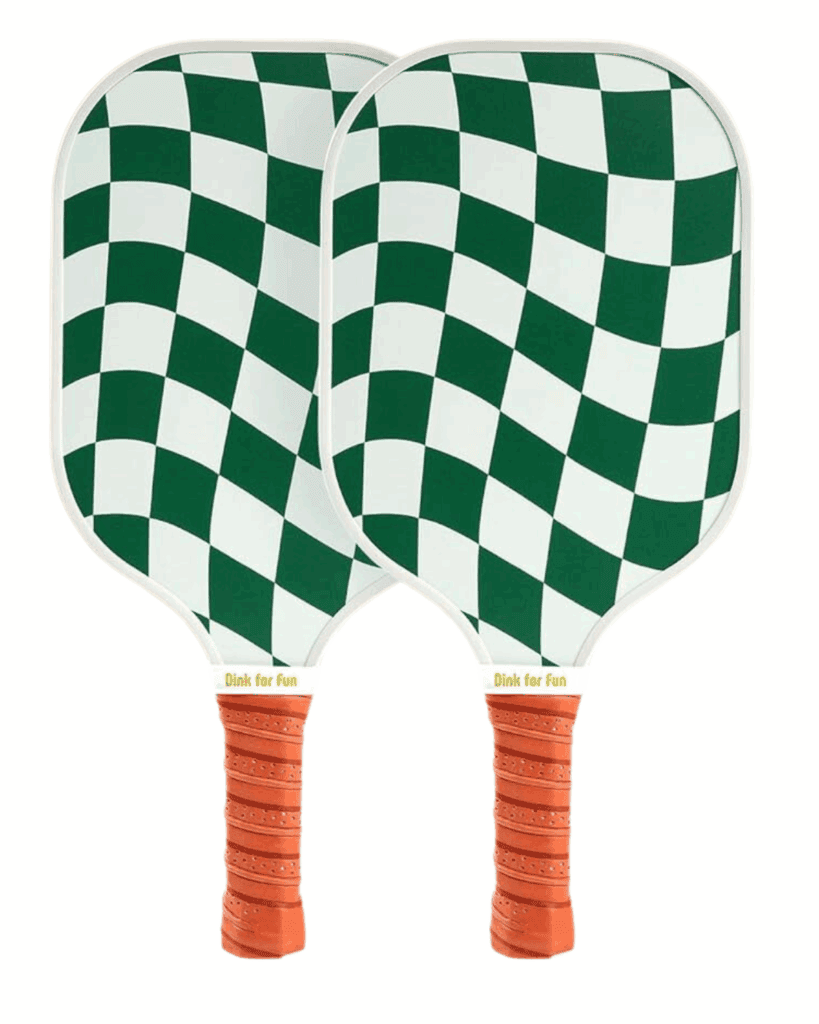 Two pickleball paddles with green and white checkered patterns and orange handles, overlapping slightly. The phrase “Dink for Fun” appears above the handles—perfect as a playful Father's Day Gift for active dads.