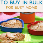 An ad showcasing baked snacks on a colorful tray, accompanied by the headline "Cheap Snacks to Buy in Bulk for Busy Moms" by The Bargain Sisters, featuring cool baking gadgets for effortless kitchen fun.