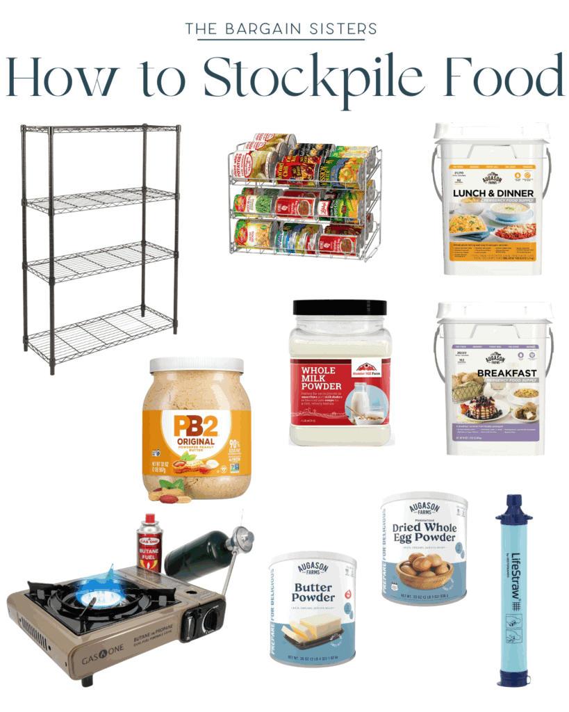 Collage showing how to stockpile food on a budget: a metal storage shelf, canned food rack, food buckets for each meal, powdered butter and eggs, peanut butter powder, ghee jar, chicken can, gas stove, and LifeStraw filter.