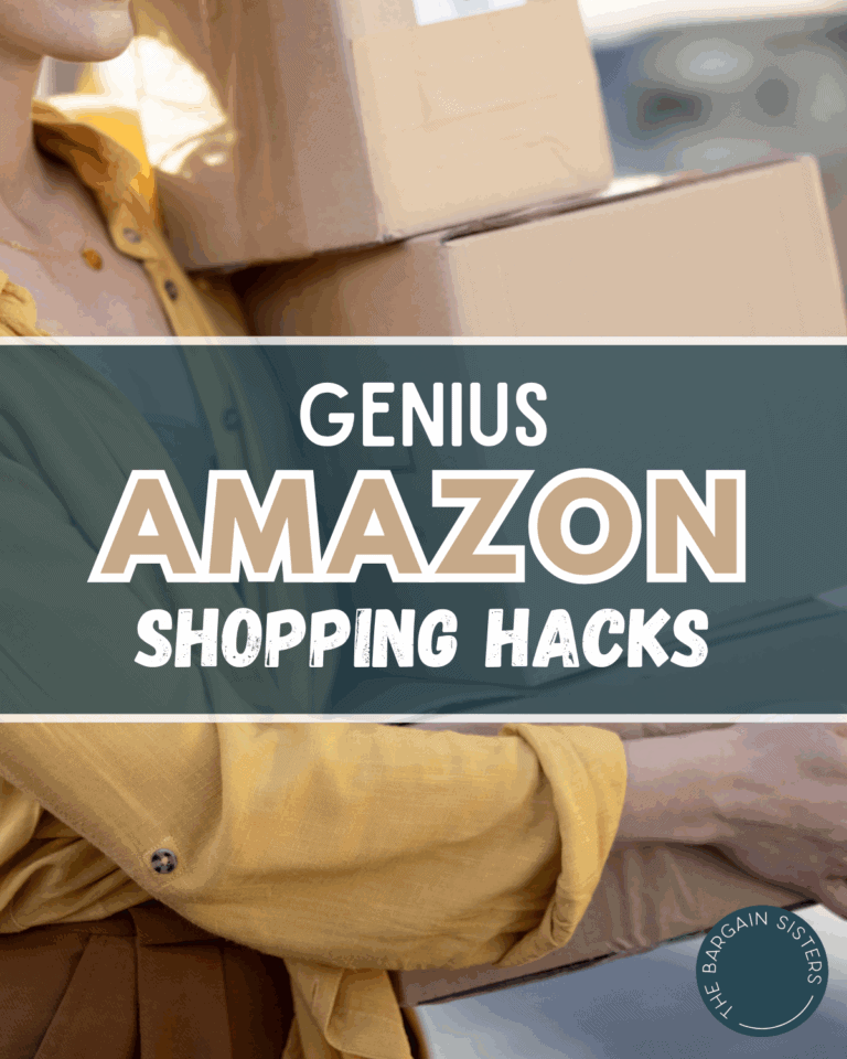 A person in a yellow shirt carries two cardboard boxes. Overlaid text reads, "Genius Amazon Shopping Hacks for Vacation Budgeting." A circular logo in the corner says "The Bargain Sisters.
