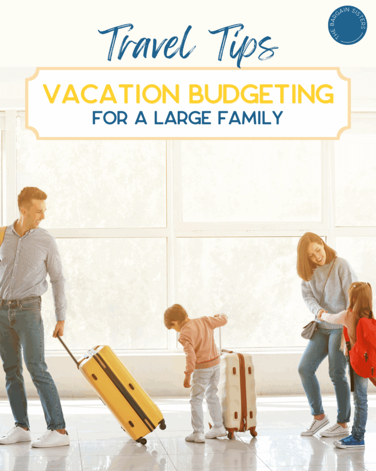A smiling family of four with luggage stands in a bright airport terminal. Text above reads, “Vacation Budgeting: Travel Tips for a Large Family.”.