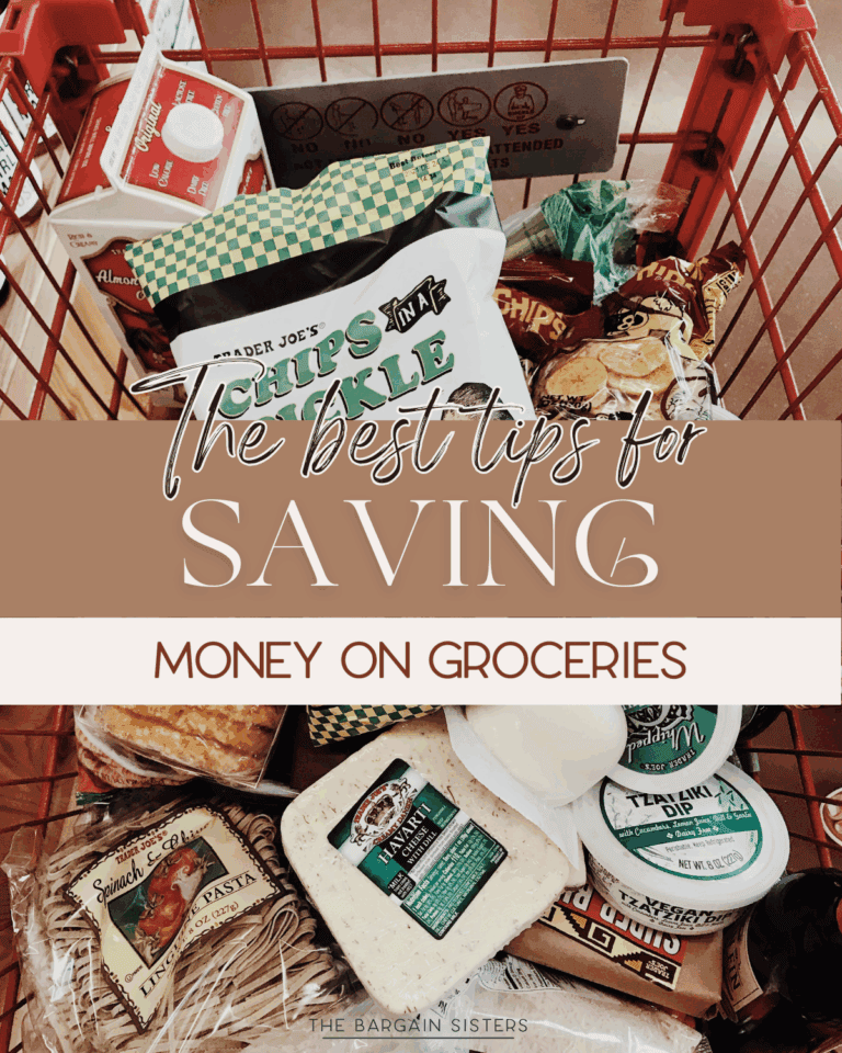 A grocery cart filled with various food items such as chips, dips, cheese, eggs, bread, and vegetables. Text overlay reads: "Top tips to Save on Groceries and get more for your money.