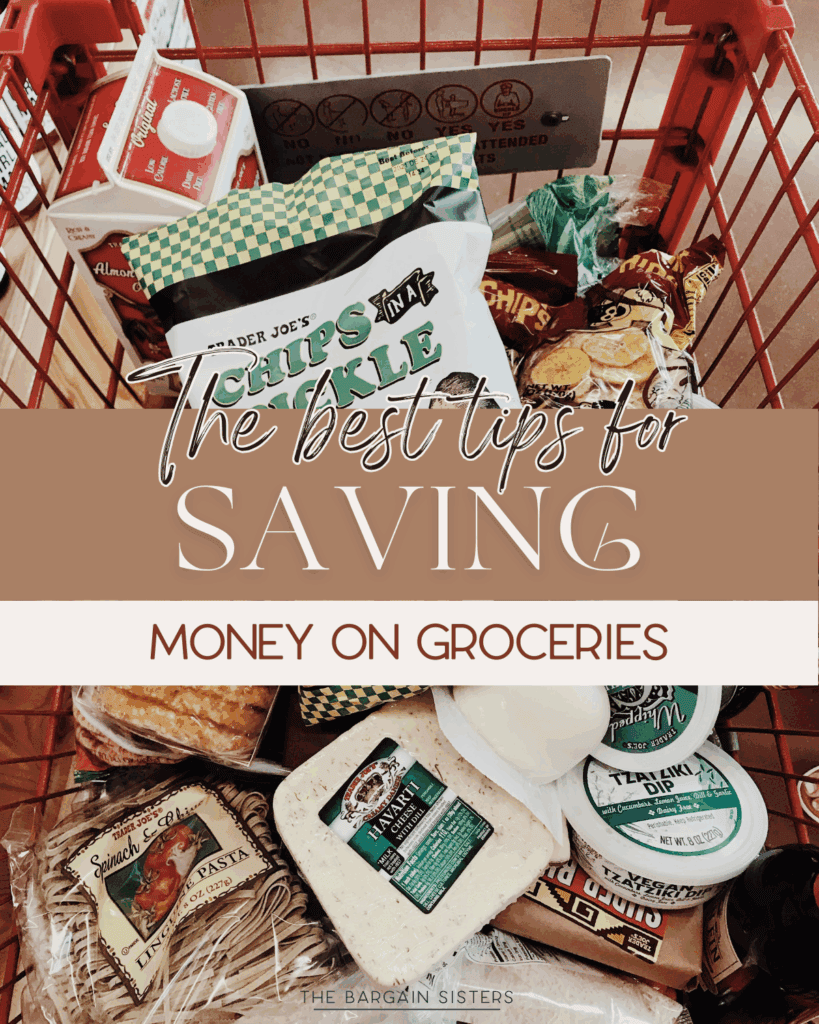 A grocery cart filled with various food items such as chips, dips, cheese, eggs, bread, and vegetables. Text overlay reads: "Top tips to Save on Groceries and get more for your money.