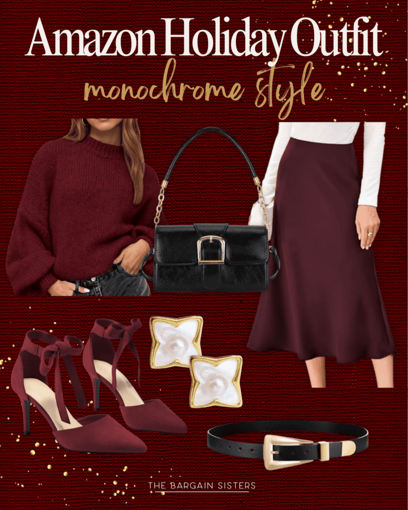 A burgundy holiday party outfit with a knit sweater, satin midi skirt, pointed-toe heels, black handbag, gold buckle belt, and pearl earrings on a dark red background labeled "Amazon Holiday Outfit: Monochrome Style.