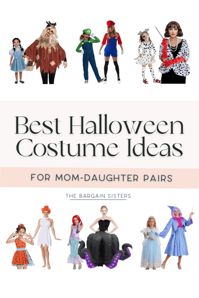 Best Halloween costume ideas for mom and daughter pairs, featuring characters like Dorothy, Mario, dalmatians, and more.