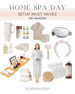 A collage of home spa essentials, perfect for a relaxing home spa day, featuring a robe, diffuser, eye mask, candle, skincare items, towel, pajamas, shower steamer, bath tray, bath brush, and a pink headband—all labeled as Amazon finds.