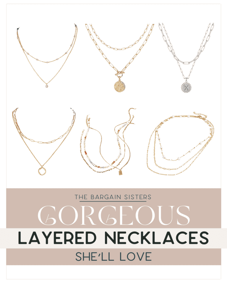 A collage showcasing six distinct styles of layered necklaces for women, featuring chains, pendants, and beads. Text reads "The Bargain Sisters: Gorgeous Layered Necklaces She’ll Love.