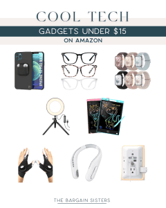 Collage of tech gadgets under $15, including a phone holder, blue light glasses, smartwatches, ring light, drawing tablets, wrist supports, neck fan, and outlet extender—perfect for upgrading your setup or even accessorizing your halloween costume amazon find. Text: "Cool Tech Gadgets Under $15 on Amazon.