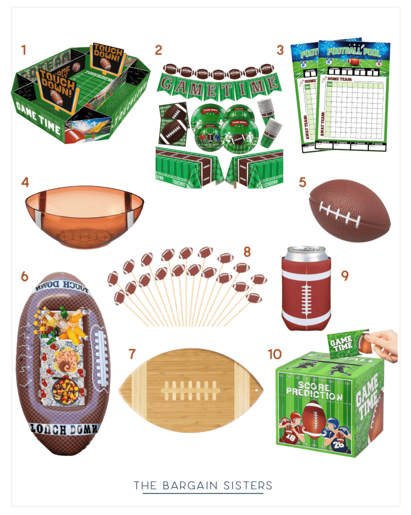 Football-themed party must-haves: snack boxes, banners, scorecards (2), snack bowl, football paper plates, mini football, food picks, can cooler, woven tray, balloon, and prediction game box. Perfect for game day excitement! Labeled with numbers 1 to 10.