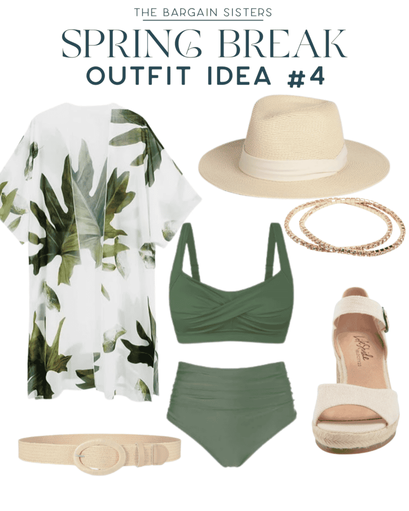 Discover budget-friendly outfit ideas for spring break, featuring a green bikini with a twist top and high-waisted bottoms, a sheer tropical leaf cover-up, a wide-brimmed straw hat, three gold bangles, a beige belt, and wedge sandals to complete the look.