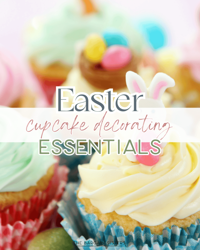 Close-up of colorful, decorated cupcakes with pastel frosting and candy toppings, featuring a white bunny decoration. Text overlay beautifully reads "Easter cupcake essentials" in stylish fonts.