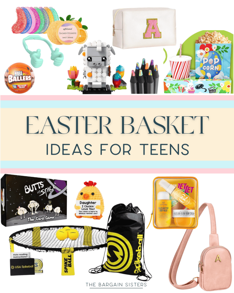A collage of Easter basket gifts for teens, featuring drink floaties, a LEGO panda set, colorful pens, earbuds, a card game, Spikeball kit, and a mini backpack with initials. The background reads: "Easter Basket Ideas for Teens.