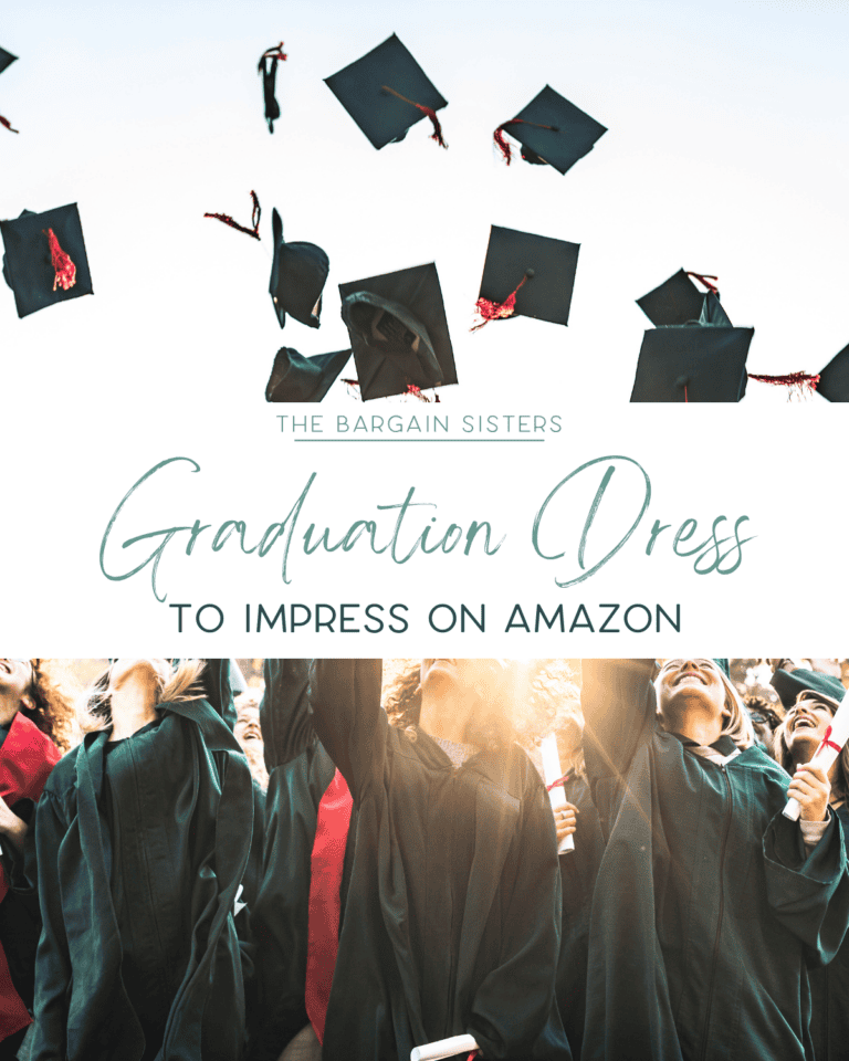 Graduates in green gowns cheerfully throw black caps in the air. Text overlay reads, "The Bargain Sisters: Graduation Dress to Impress on Amazon." Bright sunlight filters through the scene, adding a celebratory feel.