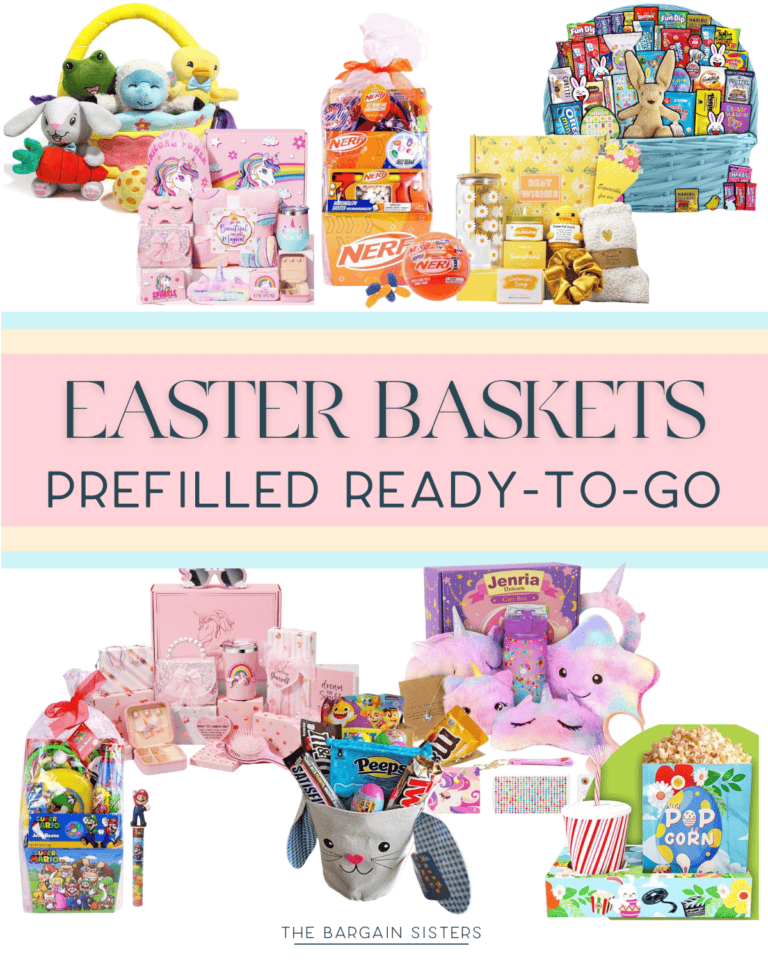 A vibrant collage of Easter baskets overflowing with prefilled toys, treats, and plush items. Each basket boasts a unique theme and colorful packaging. The text proudly declares "Easter Baskets Prefilled Ready-To-Go" by The Bargain Sisters.