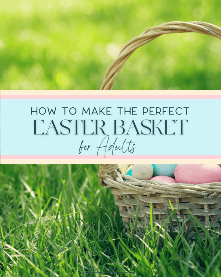 A wicker Easter basket brimming with colorful eggs rests on a lush green lawn. Above, a pastel banner reads, "How to Create the Perfect Easter Basket for Adults.