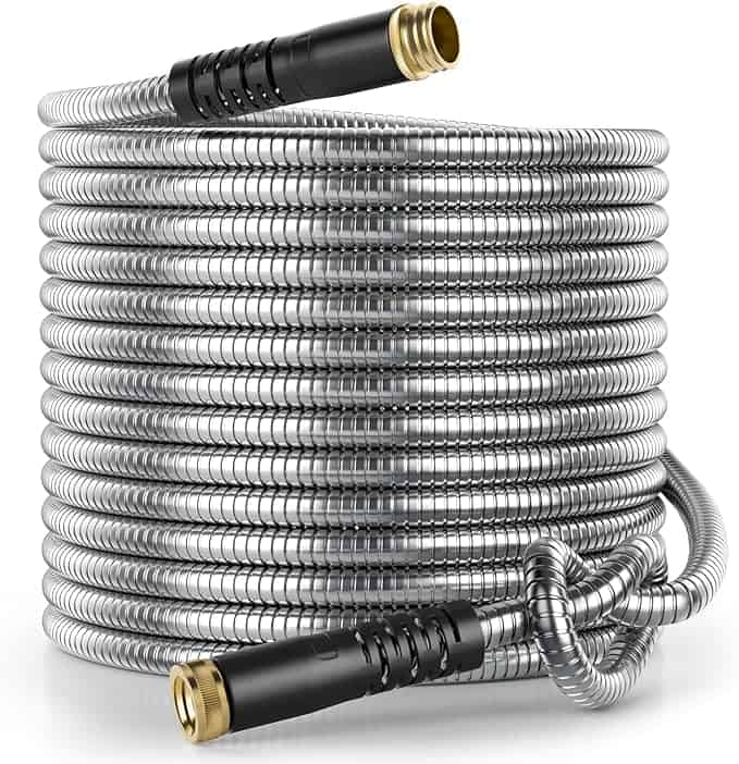 A coiled metal garden hose with black and brass connectors on both ends, neatly arranged against a white background—perfect for grabbing in this week’s Wednesday Deals.