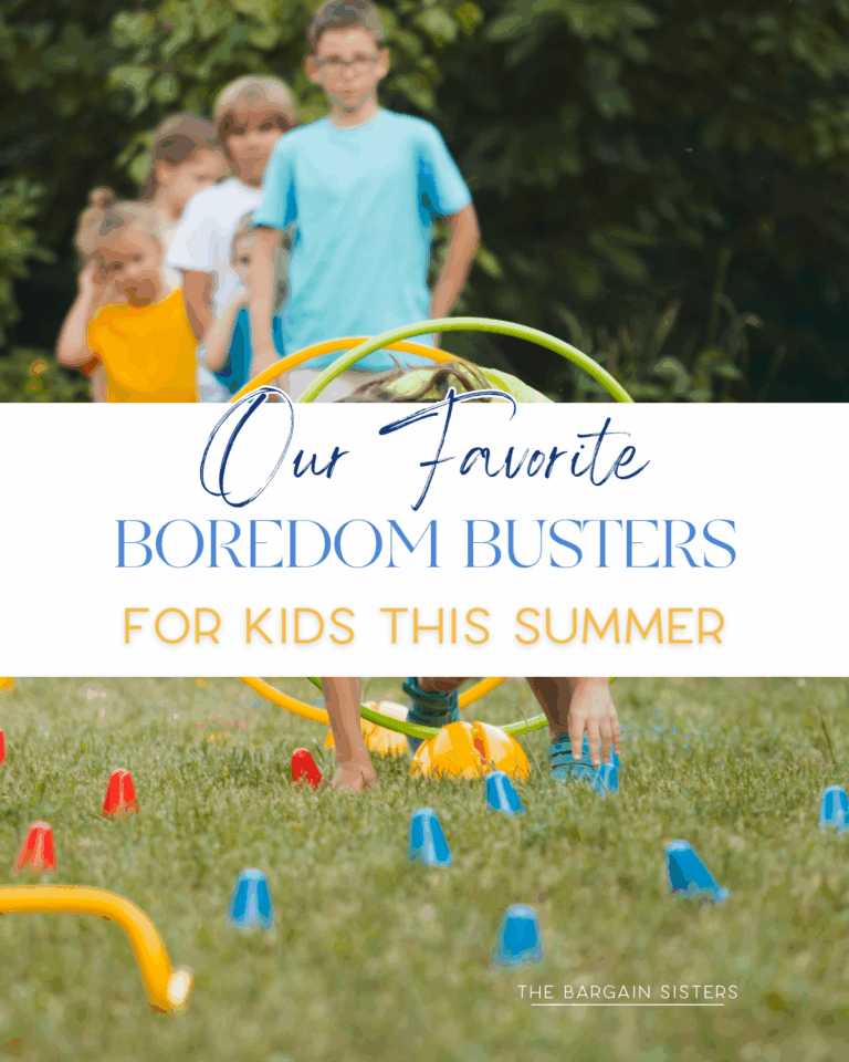A group of children stand outdoors behind a summer obstacle course made of colorful cones and hoops, with the text "Our Favorite Boredom Busters for Kids This Summer" overlaid on the image.