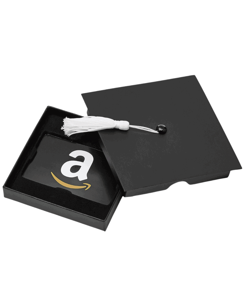 A black gift card featuring the Amazon logo sits partially inside an open black box with a white tassel, resembling a graduation cap—an ideal pick for any Graduation Gift Guide.