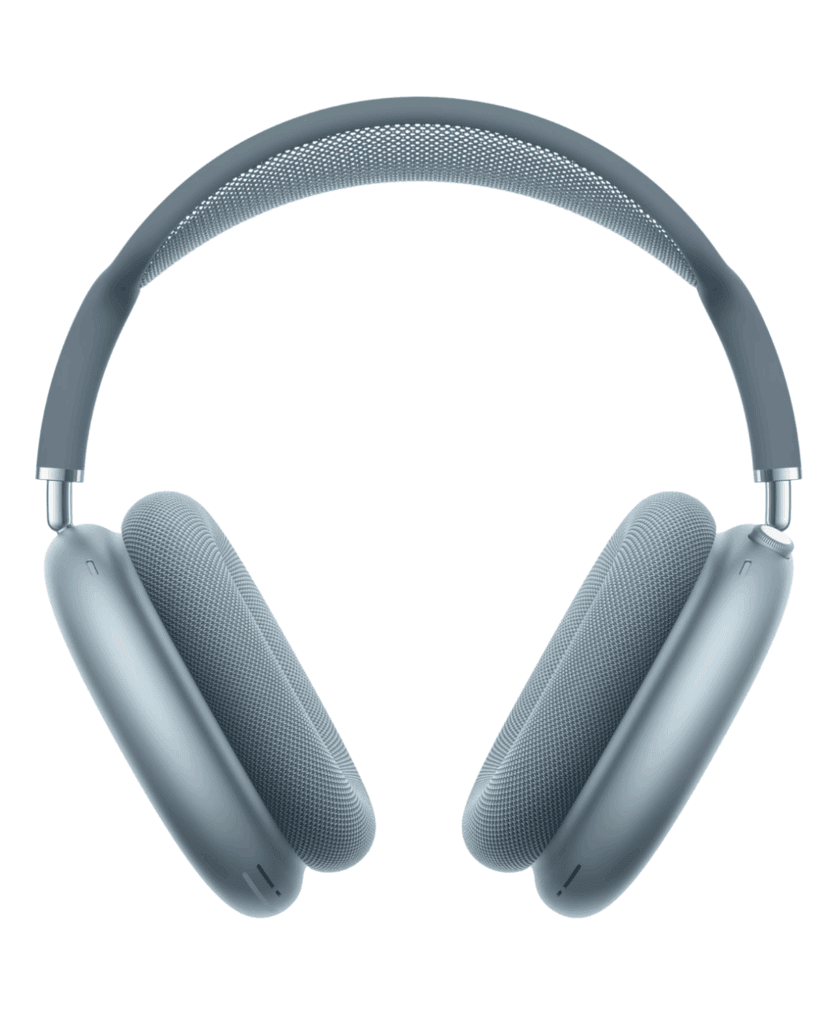 A pair of over-ear, wireless headphones in a matte blue-gray color, featuring cushioned ear cups and a mesh headband—an ideal pick for any Graduation Gift Guide—displayed against a plain white background.