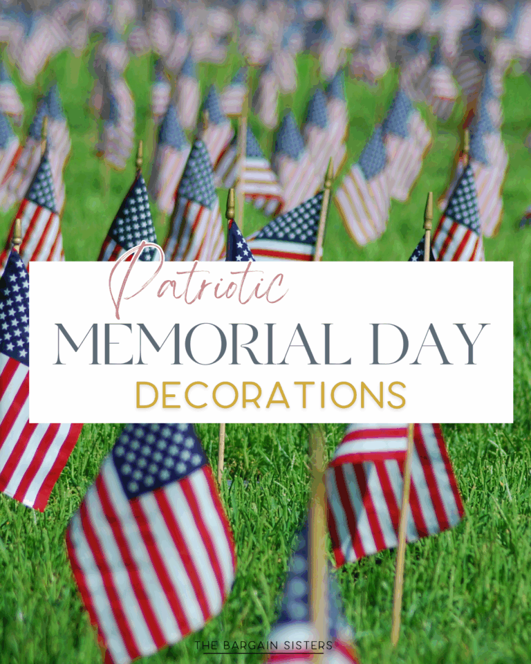Rows of small American flags are planted in green grass, with text overlay reading “Patriotic Memorial Day Decorations.”.