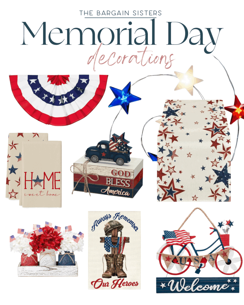 A collage of Memorial Day decorations: patriotic bunting, a star lantern, themed towels, stacked books with a truck, a floral arrangement, and signs featuring American flags—plus ideas for flattering swimsuits from Amazon to complete your celebration.