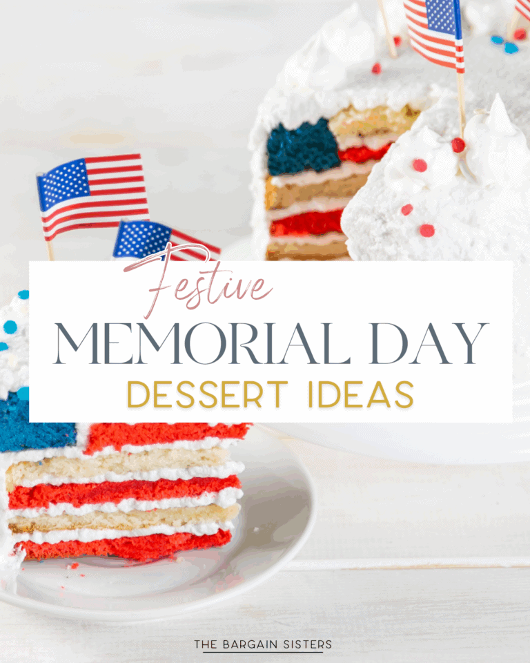 Slices of red, white, and blue layered cake with whipped cream and small American flags on top; text overlay reads "Festive Memorial Day Dessert Ideas—perfect for your gathering after searching for flattering swimsuits or Amazon swimsuits.