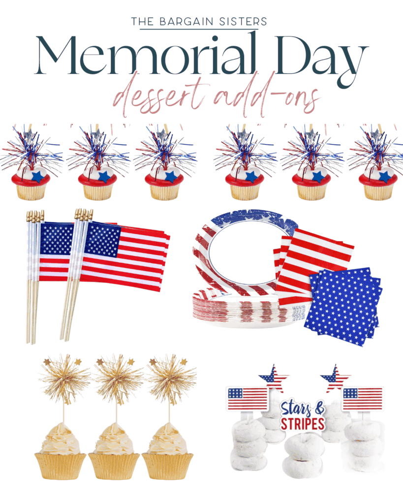 A collage of Memorial Day dessert add-ons, including cupcakes with red, white, and blue toppers, patriotic paper plates and napkins—perfect for enjoying treats after a day spent searching for flattering swimsuits or your favorite swimsuits on Amazon.