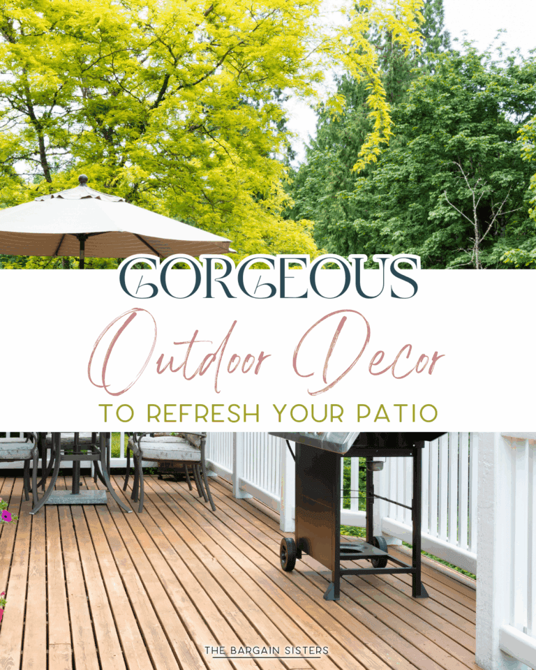 A sunny patio with a wooden deck, outdoor seating, a table with an umbrella, a grill, and lush green trees. Text overlay: "Gorgeous Outdoor Decor to Refresh Your Patio.