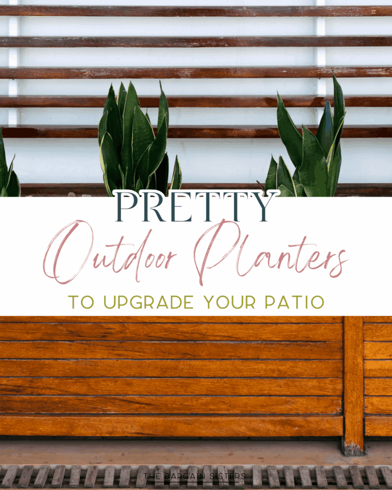 A row of tall green plants in planters in front of a wooden patio backdrop, with text: “Pretty Outdoor Planters to Upgrade Your Patio.”.