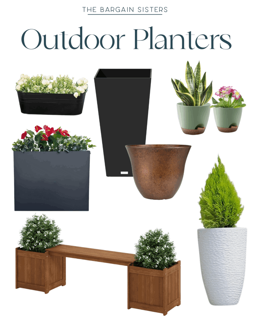 A collage of various outdoor planters, including rectangular, square, and round pots in black, brown, and white, with different flowers and greenery, plus a wooden planter bench holding plants. Text reads "The Bargain Sisters Outdoor Planters.