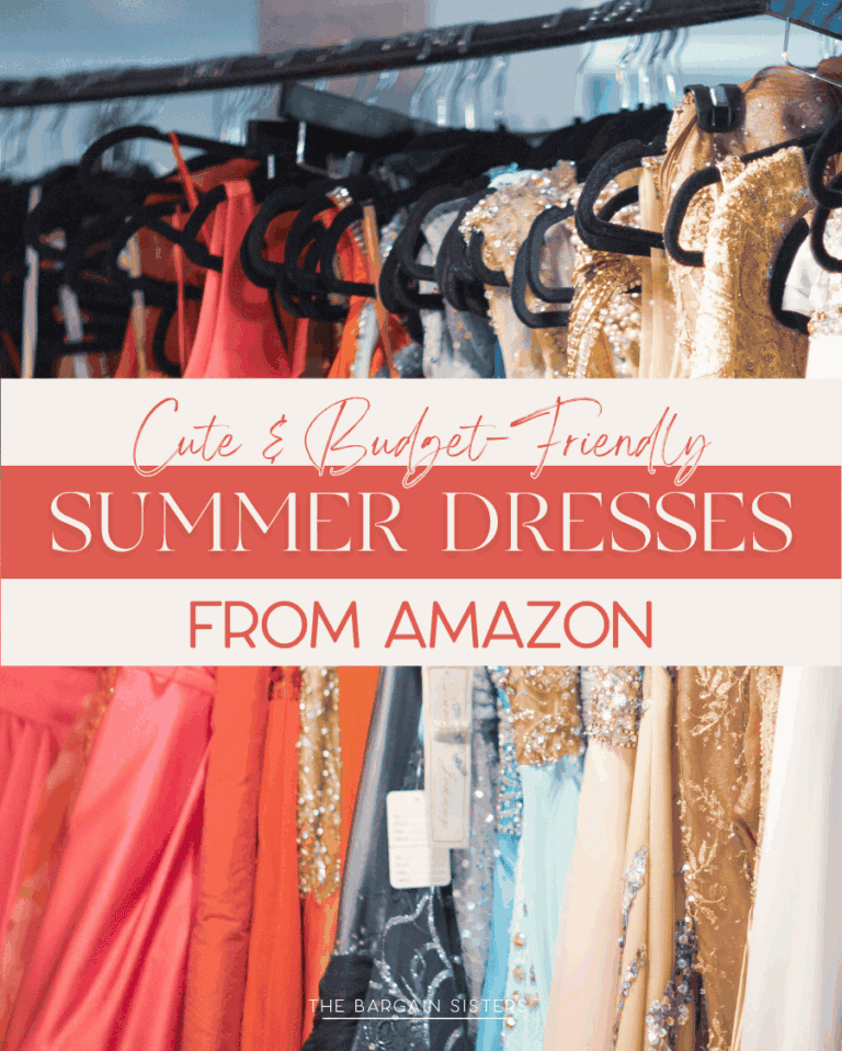 Racks of colorful summer dresses, including coral, gold, and blue styles, hang neatly on hangers. Overlaid text reads: "Cute & Budget-Friendly Summer Dresses from Amazon.