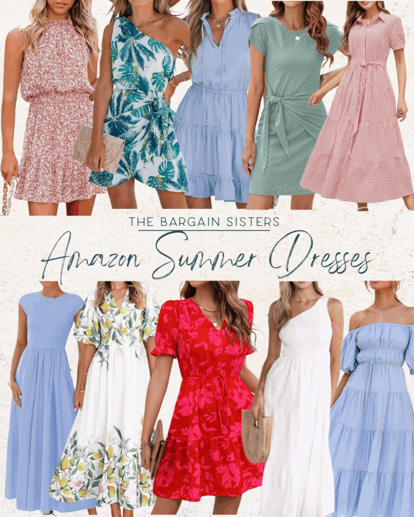 A collection of eight women’s summer dresses in various colors and patterns, including floral, solid blue, red, green, and striped styles, displayed on models under the text “Amazon Summer Dresses.”.