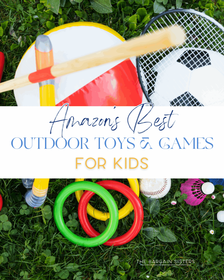 A variety of outdoor toys, including a soccer ball, rings, bats, and discs, are scattered on green grass. Overlaid text reads: "Amazon's Best Outdoor Toys & Games for Kids.