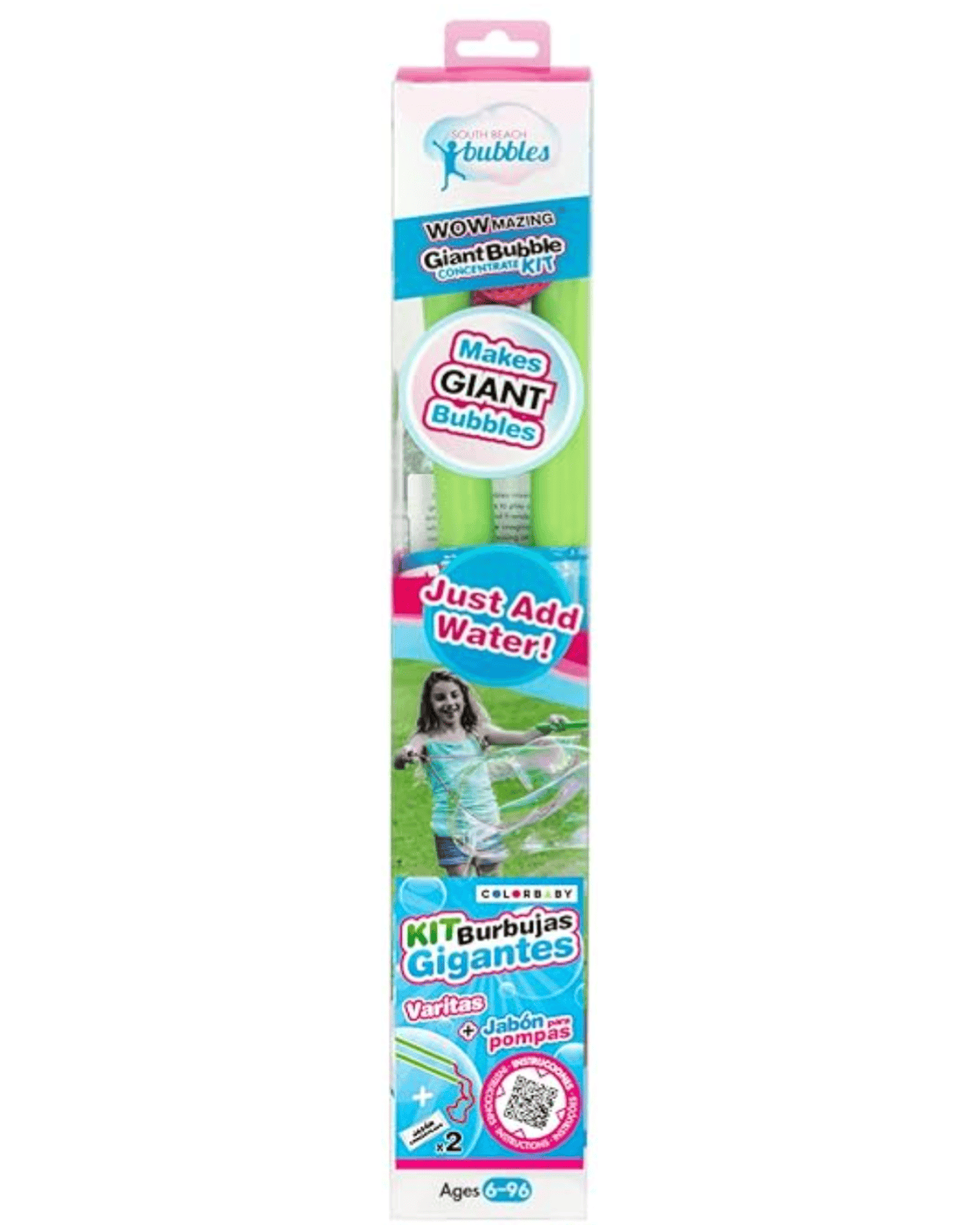 Rectangular packaging for a WOWmazing Giant Bubble Kit, promoting “Makes GIANT Bubbles” and “Just Add Water!” Features an image of a child creating large bubbles and states it is for ages 6 to 96.