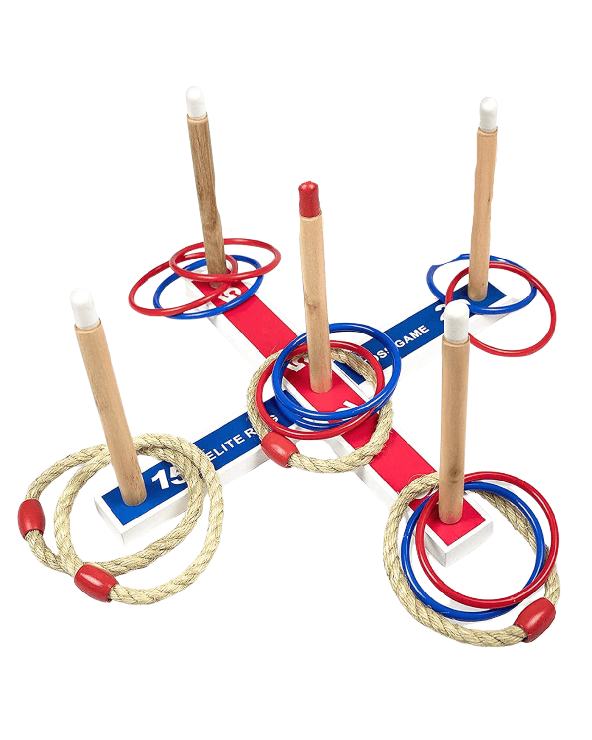 A ring toss game set with five wooden pegs on a cross-shaped base. Blue and red plastic rings and rope rings are shown tossed onto the pegs and lying on the ground.