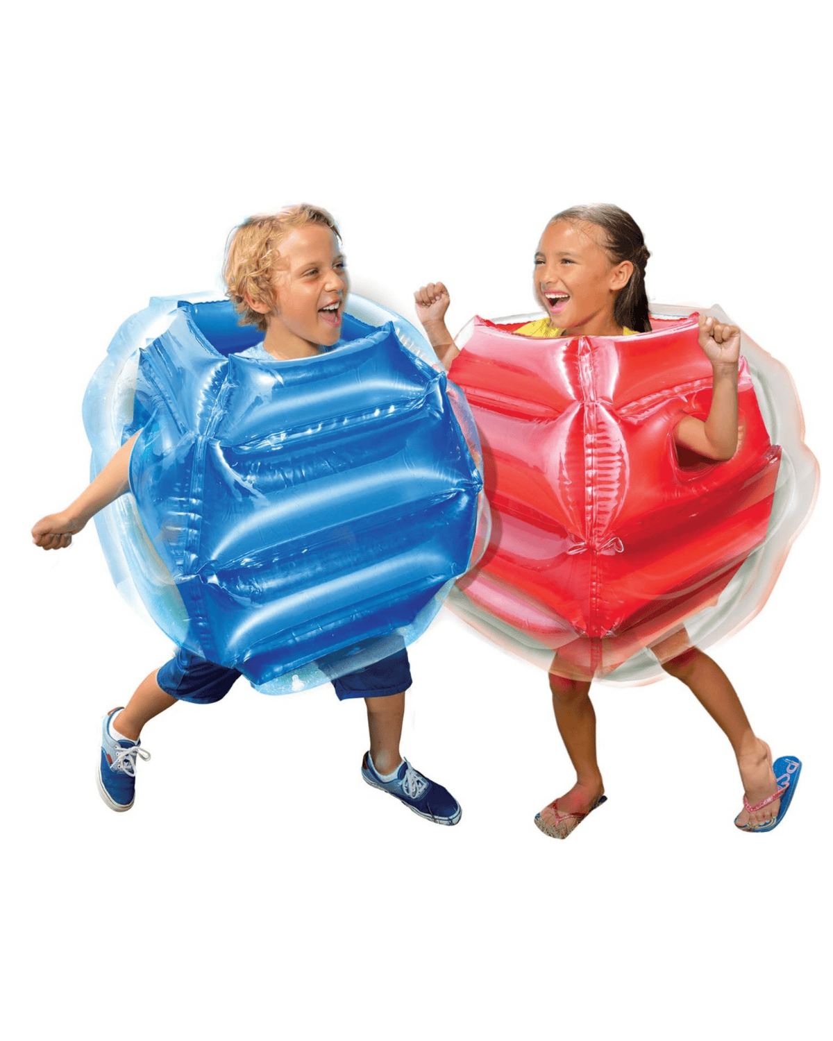 Two children smiling and playing, each wearing a large inflatable bumper suit—one blue and one red—over their clothes against a white background.
