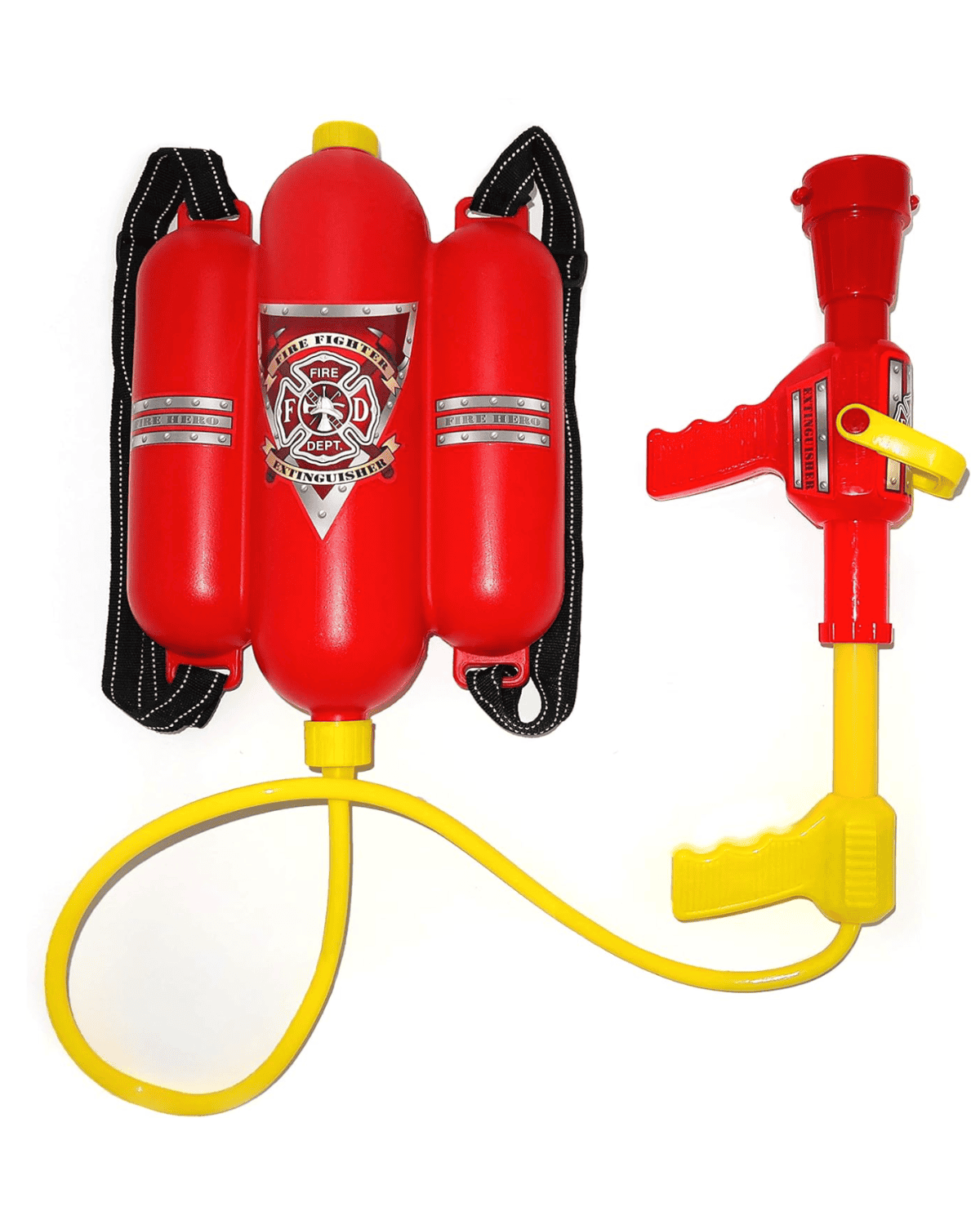 Red toy firefighter water backpack with two canisters, black straps, a fire department badge design, and a yellow hose connected to a red and yellow handheld water sprayer.
