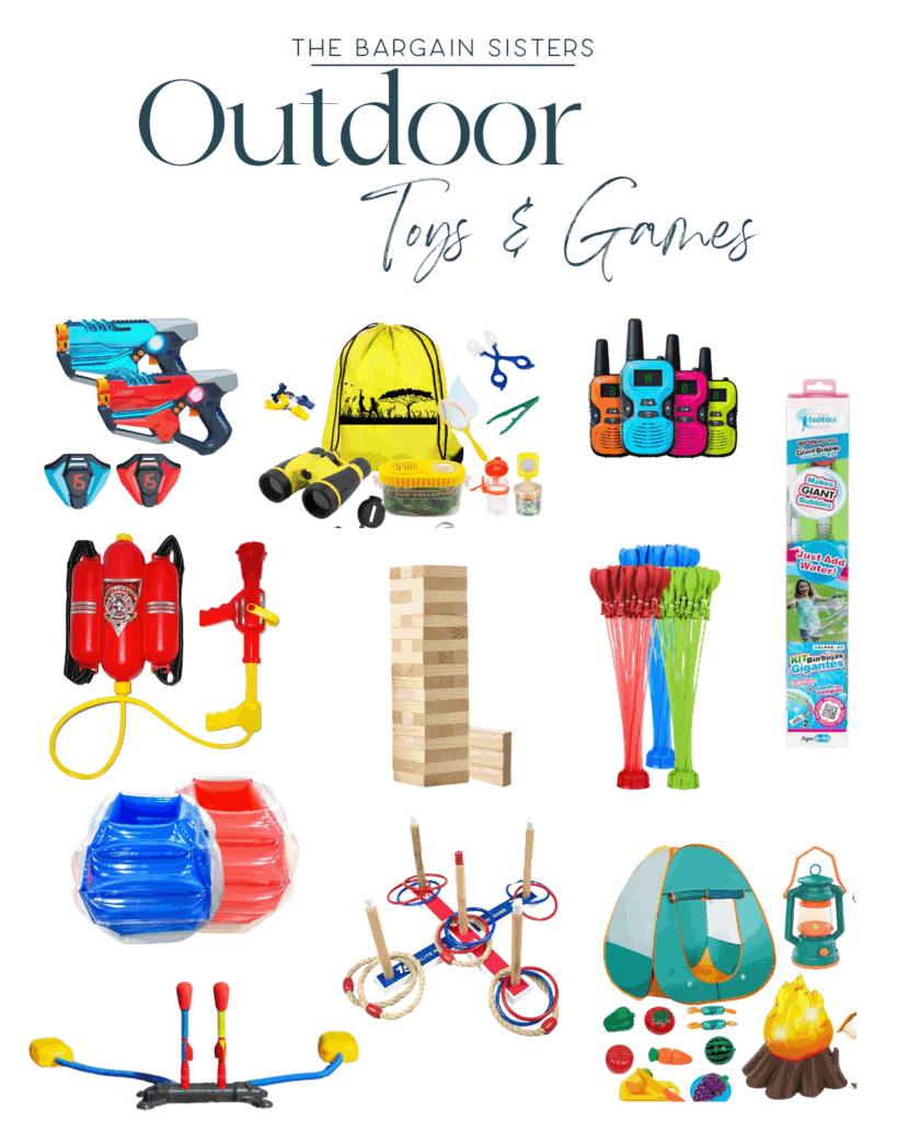 A collage of outdoor toys and games, including water guns, walkie talkies, a ring toss, Jenga blocks, bubble wands, water balloons, inflatable bumper balls, toy lanterns, and a backpack.