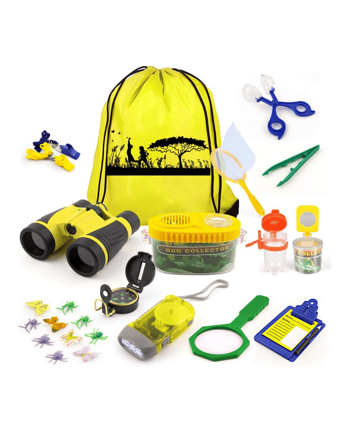 A children’s nature explorer kit with yellow backpack, binoculars, magnifying glass, bug containers, tweezers, flashlight, compass, plastic bugs, net, whistle, and other exploration tools spread out.