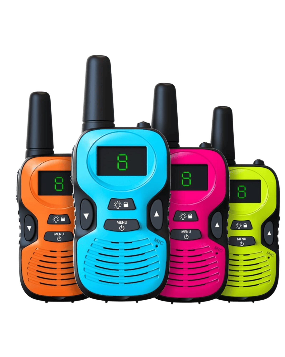 Four colorful walkie-talkies—orange, blue, pink, and yellow—stand in a row. Each has a black antenna, a digital display showing the number eight, and black buttons on the front.