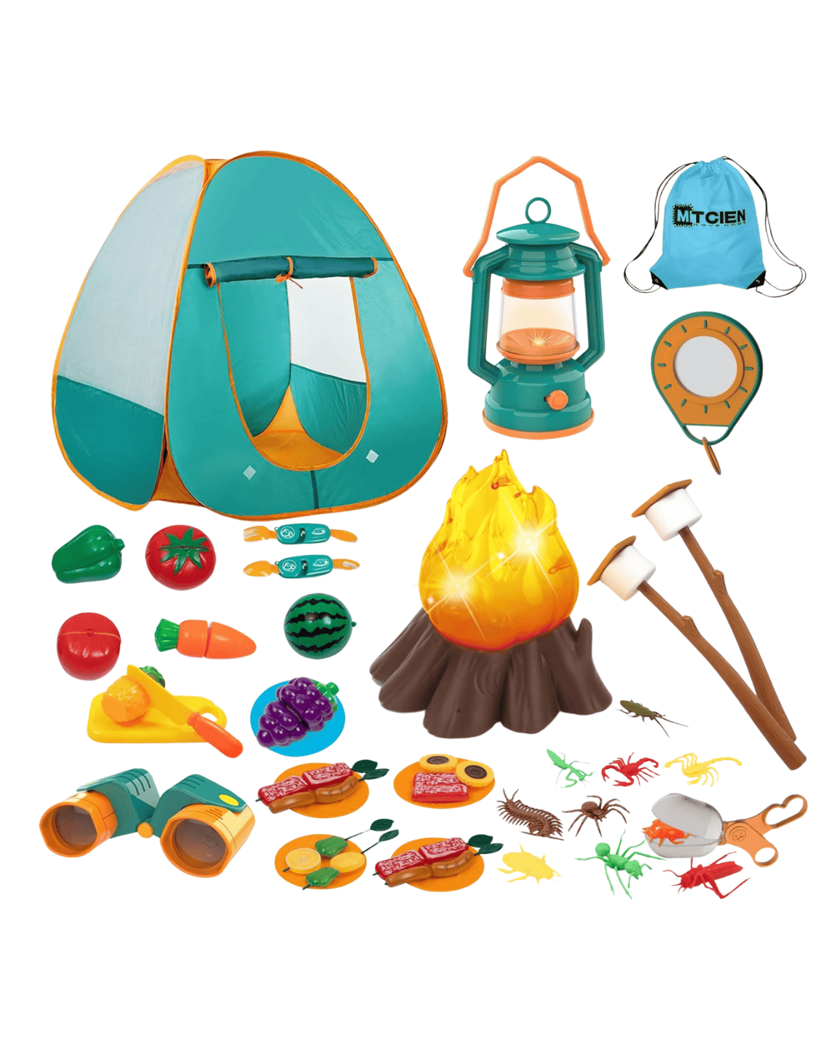 A children’s camping playset with a pop-up tent, toy lantern, clock, binoculars, campfire, marshmallows on sticks, plastic food, insects, and a blue drawstring bag, all in bright colors.